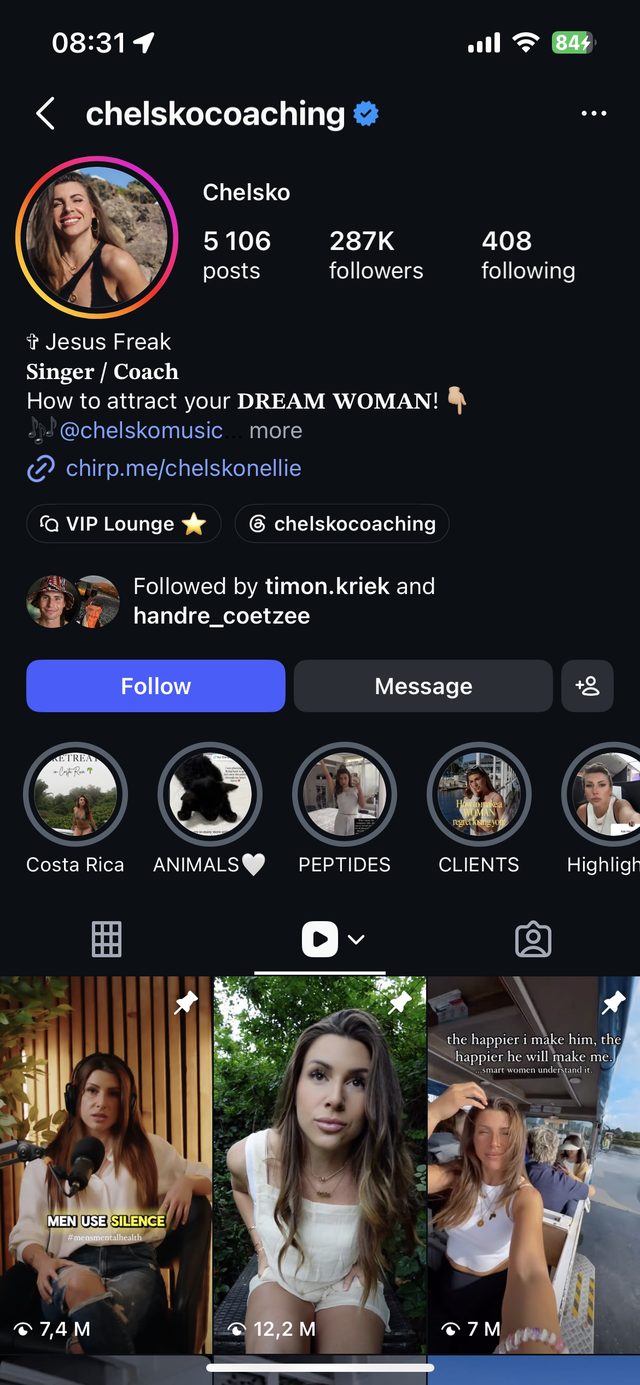 Chelsko — pinned posts at 12.2M, 7.4M and 7M views